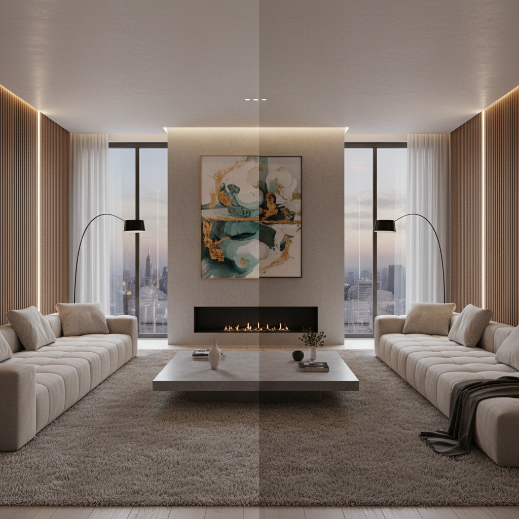 Hình ảnh so sánh trước và sau, bên trái là bản render 3D phòng khách và bên phải là ảnh chụp thực tế của phòng khách sau khi thi công.