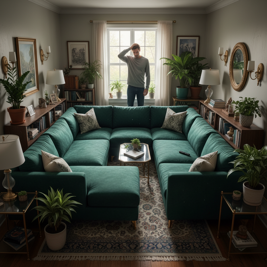 Phòng khách nhỏ trở nên ngột ngạt với một chiếc ghế sofa quá khổ, thể hiện một sai lầm phổ biến khi tự thiết kế nội thất.