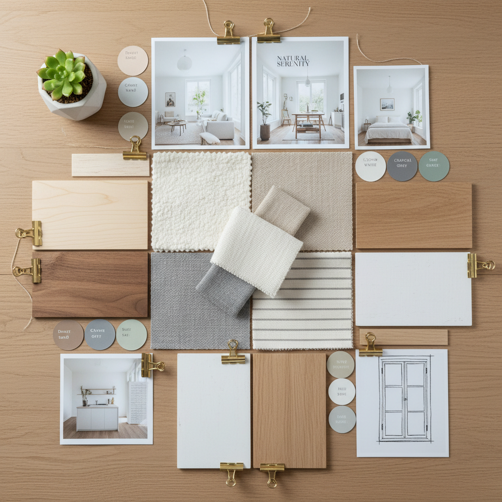 Hình ảnh flat lay của một mood board thiết kế nội thất, bao gồm mẫu vải, mẫu gỗ, và hình ảnh truyền cảm hứng cho một dự án nhà ở.