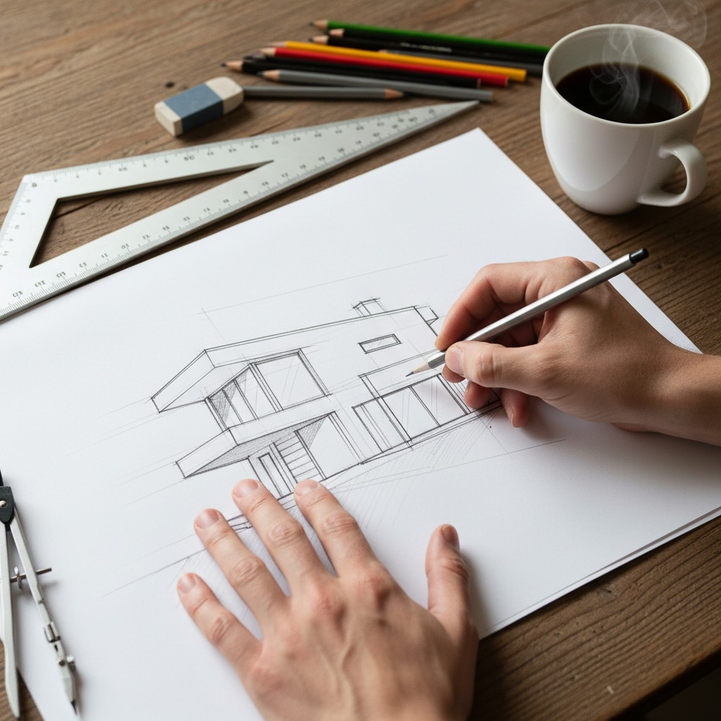 Cận cảnh bàn tay của một kiến trúc sư đang phác thảo chi tiết bản vẽ một ngôi nhà hiện đại trên giấy.