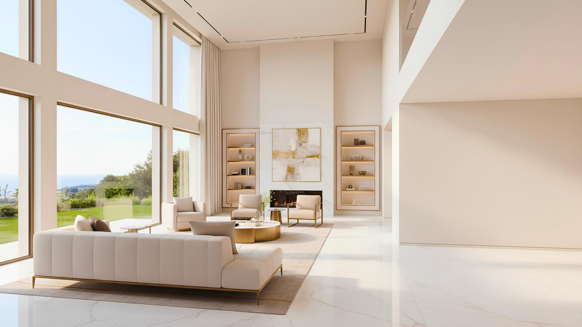 Phòng khách Modern Luxury trần cao với sofa kem, cửa kính lớn và điểm nhấn ánh sáng.