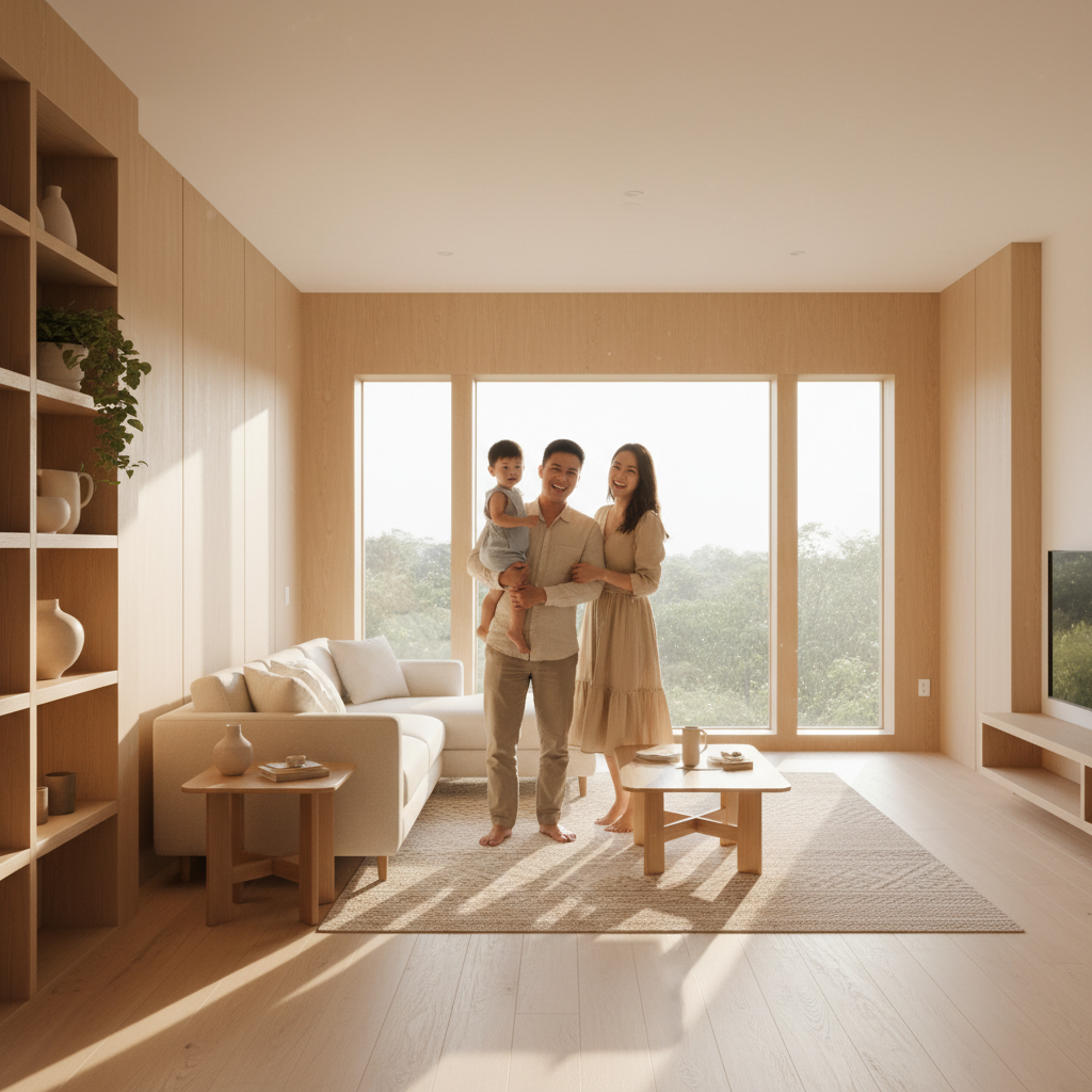 Gia đình trẻ hạnh phúc trong không gian phòng khách mới do Nội Thất Life thi công, thể hiện sự hài lòng khi nhận bàn giao công trình giống hệt thiết kế.