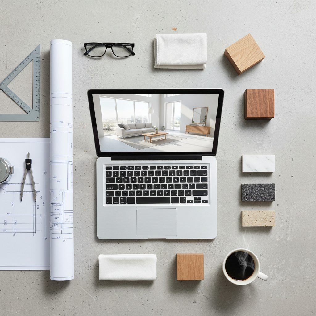 Quy trình làm việc chuyên nghiệp của Nội Thất Life được thể hiện qua bản vẽ 3D, bản vẽ kỹ thuật, mẫu vật liệu và các công cụ chuyên dụng.