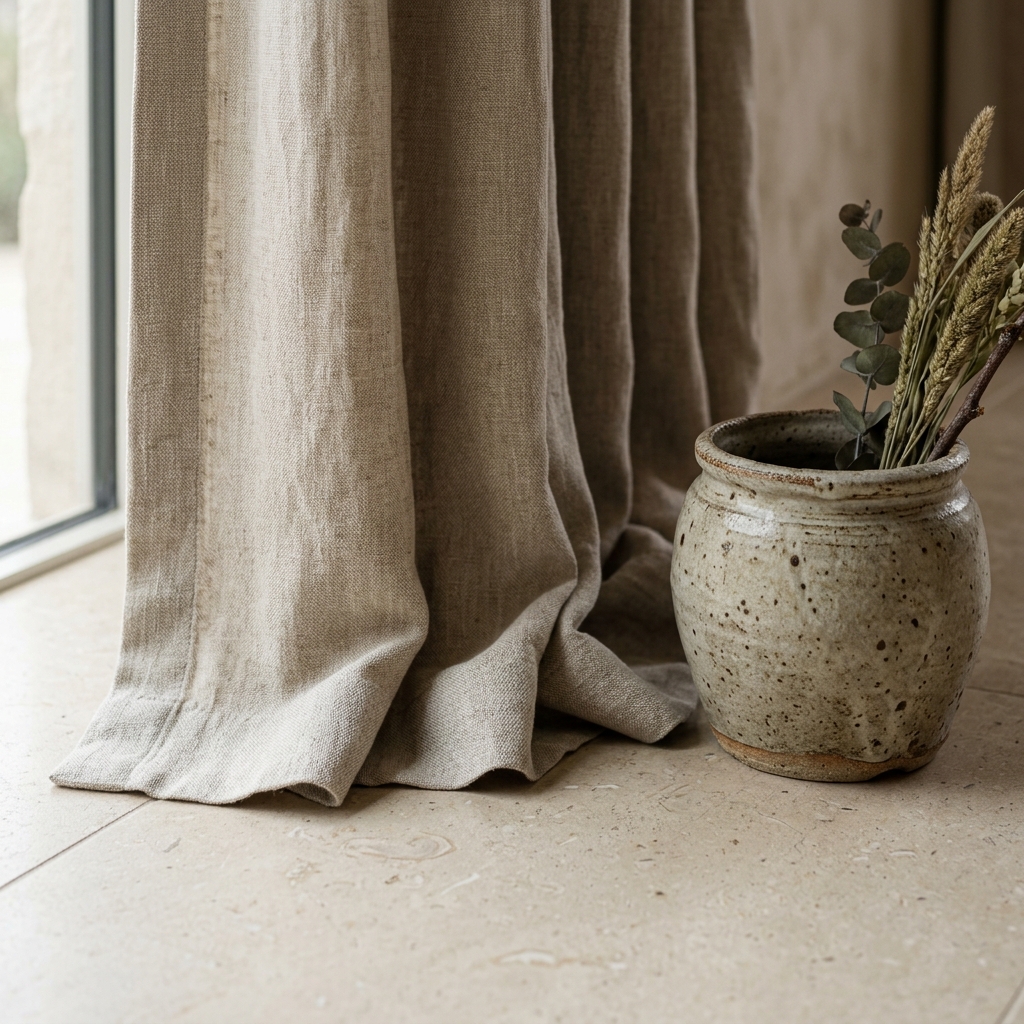 Chi tiết rèm vải thô, bình gốm và vật liệu mộc giúp thể hiện tinh thần Wabi-Sabi trong nội thất.