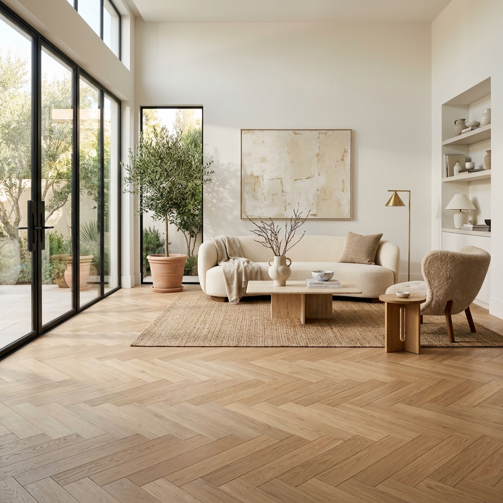 Không gian phòng khách tối giản với sàn gỗ, sofa sáng màu và khoảng trống được kiểm soát.