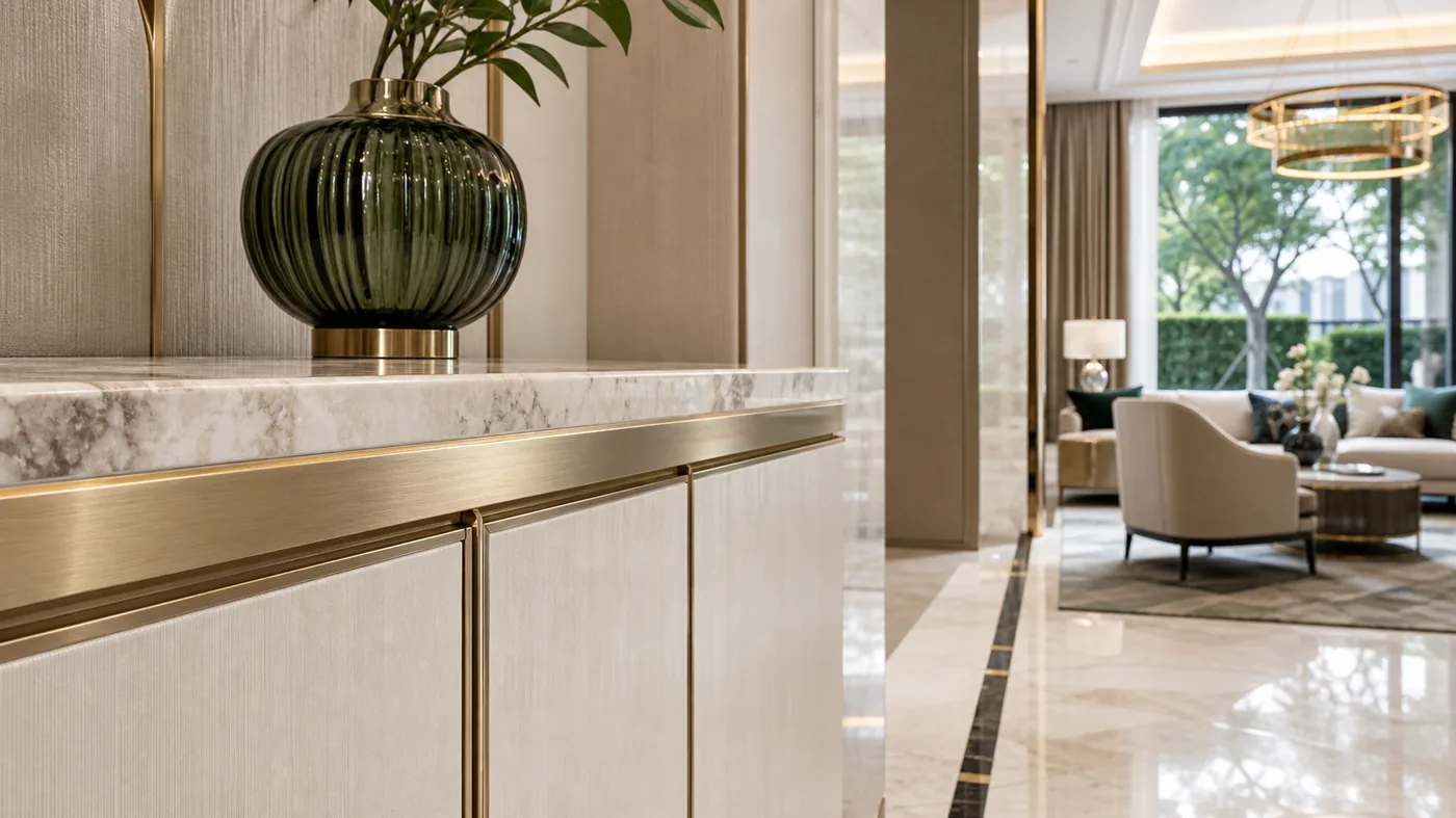 Chi tiết inox mạ PVD champagne trong phòng khách biệt thự sáng hiện đại