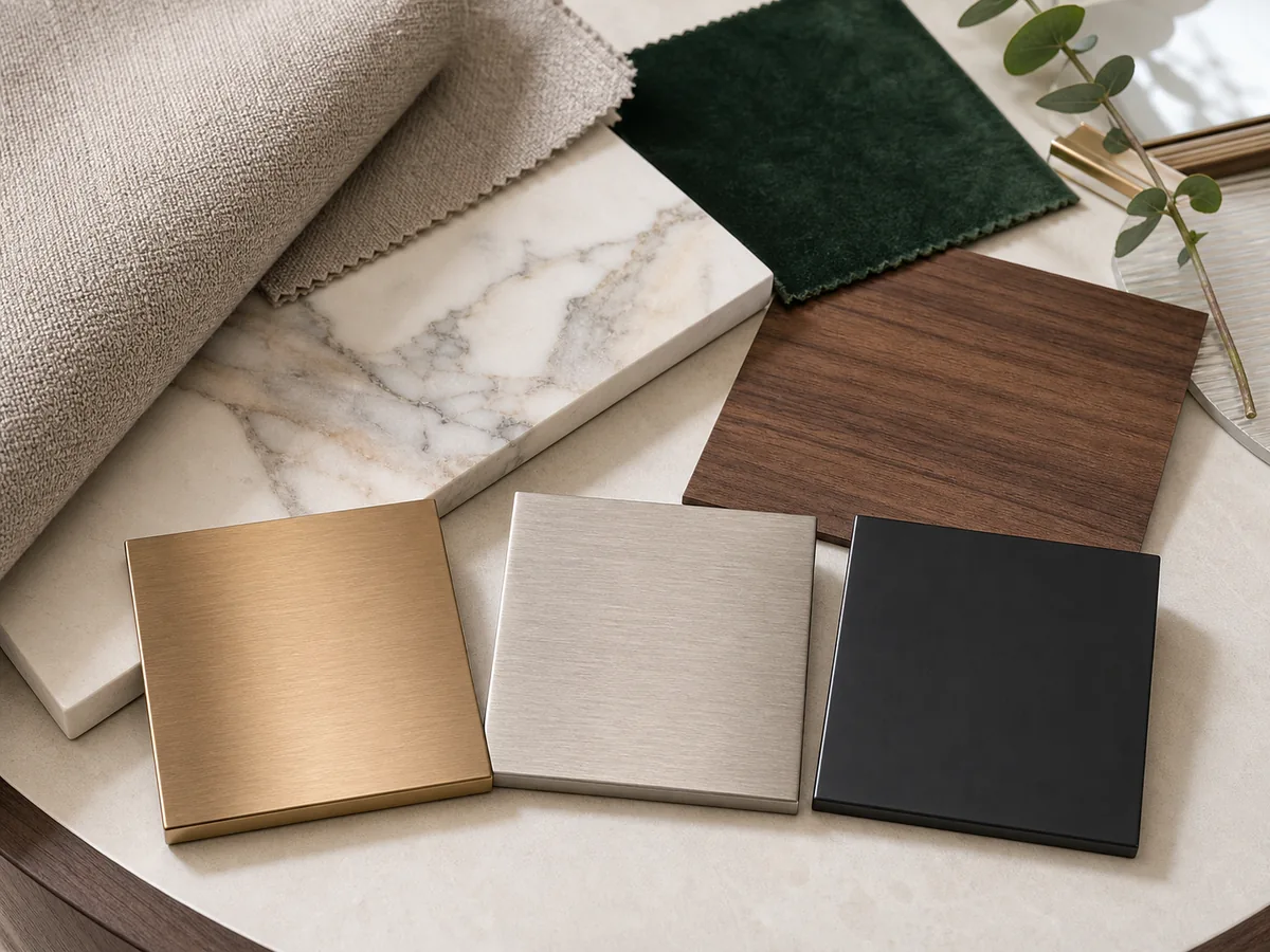 Bảng mẫu vật liệu gồm inox PVD, đá marble, veneer gỗ và vải nội thất