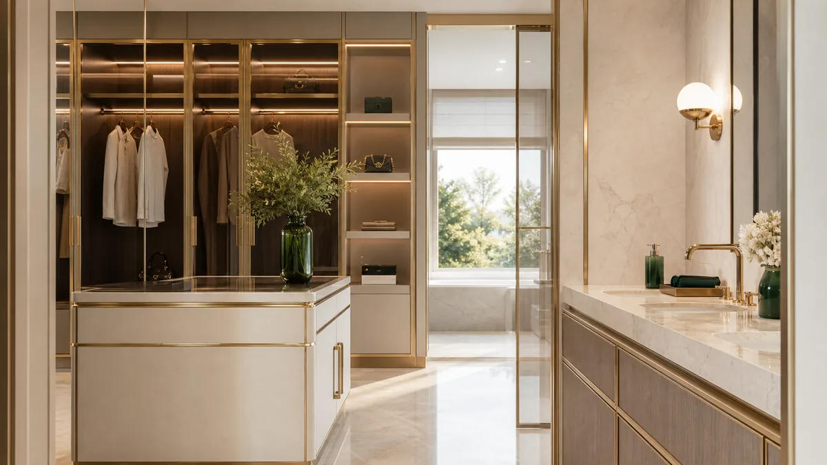 Tủ áo và vanity sử dụng tay nắm inox PVD champagne trong không gian sáng