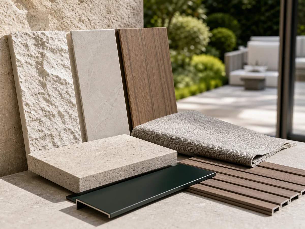 Mẫu đá sintered stone vải ngoài trời kim loại và gỗ nhựa cho khu bán ngoài trời biệt thự