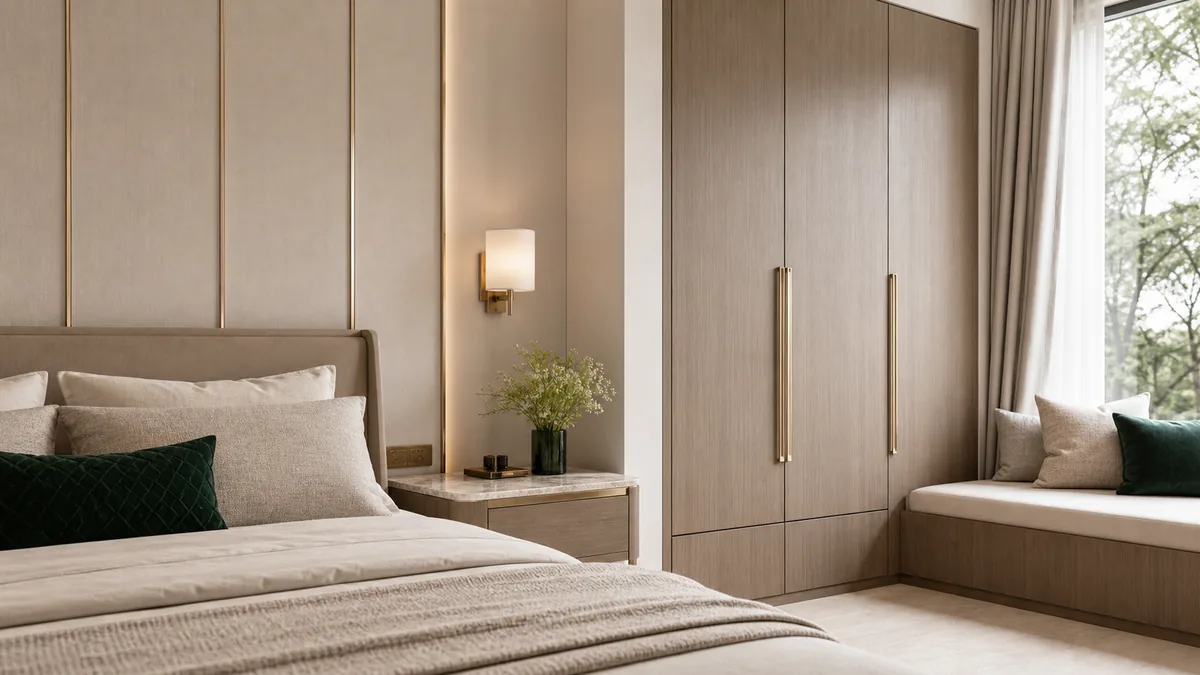 Phòng ngủ biệt thự sáng với veneer gỗ đá vải linen da và tay nắm kim loại champagne