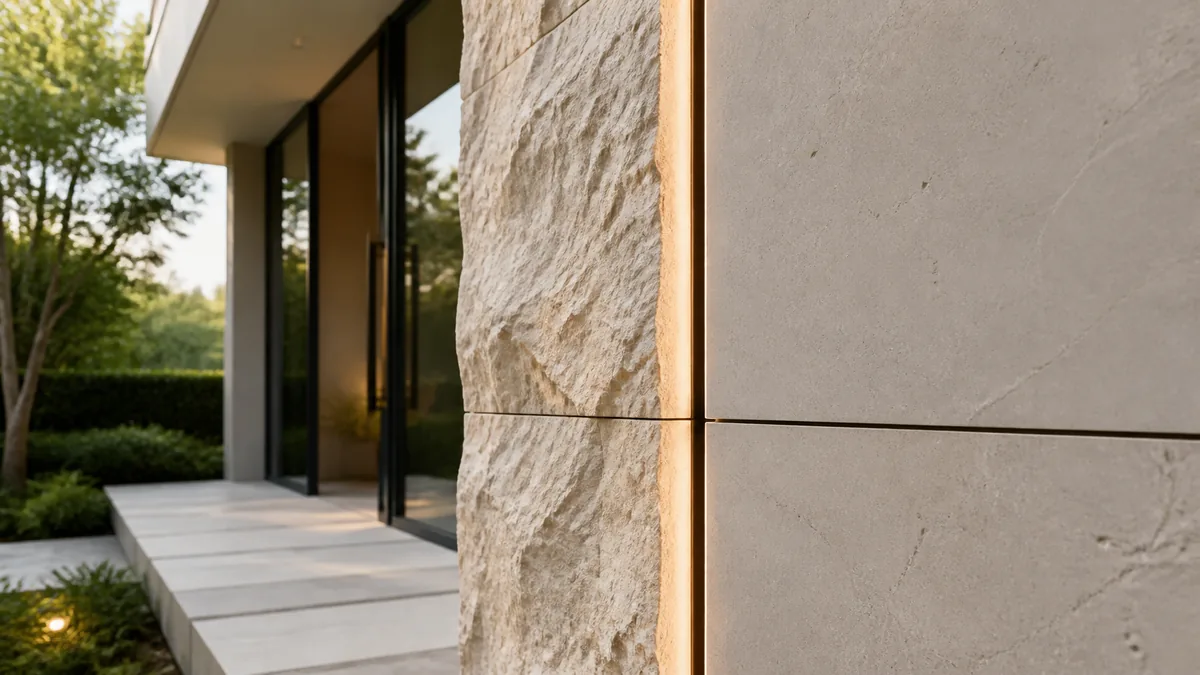 Chi tiết lối vào biệt thự nơi đá chẻ tự nhiên gặp tấm sintered stone với khe nối gọn