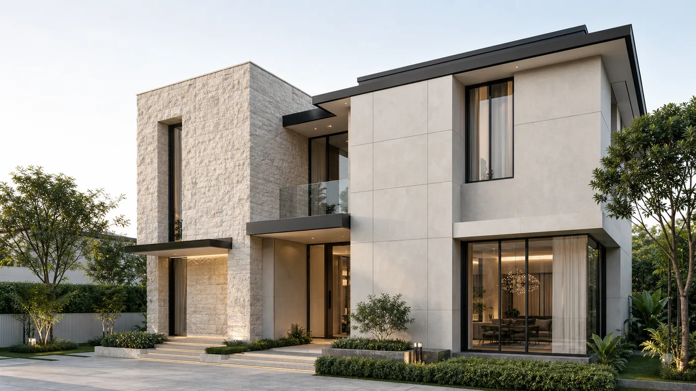 Mặt tiền biệt thự hiện đại kết hợp đá chẻ tự nhiên và tấm sintered stone màu sáng