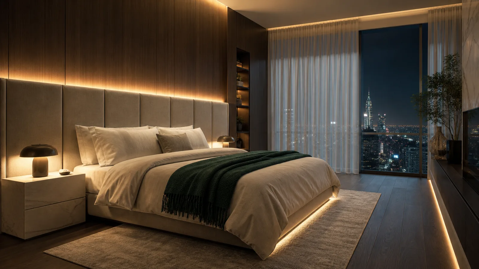 Phòng ngủ penthouse ban đêm với ánh sáng circadian rèm tự động và đèn dẫn lối