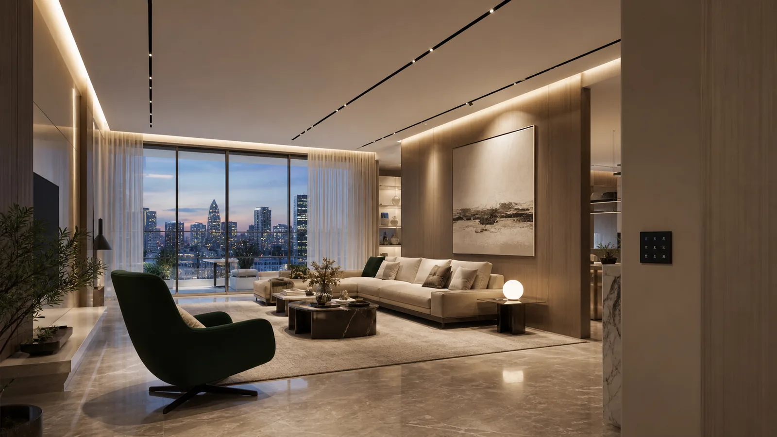 Phòng khách penthouse có chiếu sáng nhiều lớp rèm tự động và keypad điều khiển