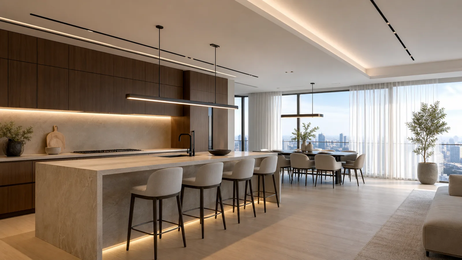 Bếp và phòng ăn penthouse với đèn tuyến tính ánh sáng gián tiếp và rèm tự động