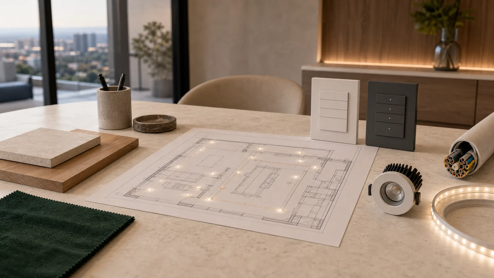 Bản vẽ chiếu sáng penthouse cùng keypad thông minh mẫu đèn và vật liệu nội thất